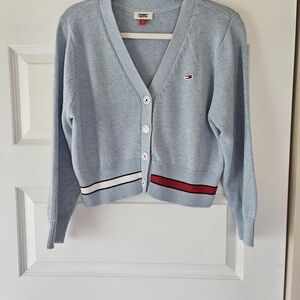 Tommy Hilfiger Light Blue Cropped V-Neck Cardigan Sweater Large